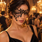 Black Asymmetrical Cutout Masquerade Mask for Women, Detailed Venetian Eye Mask with Ribbon Ties - product photo