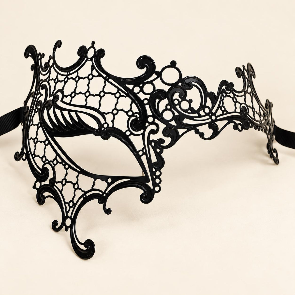 Black Asymmetrical Cutout Masquerade Mask for Women, Detailed Venetian Eye Mask with Ribbon Ties - product photo