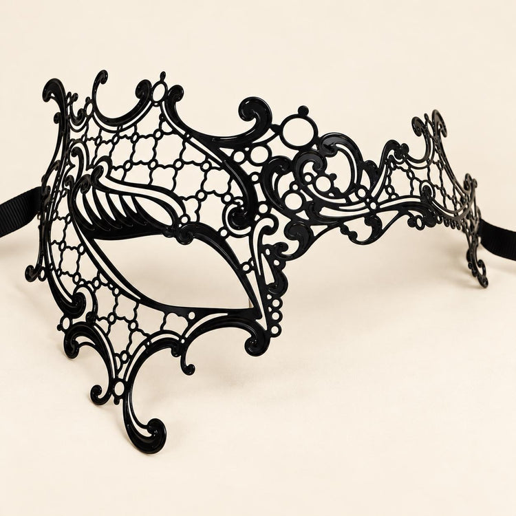 Black Asymmetrical Cutout Masquerade Mask for Women, Detailed Venetian Eye Mask with Ribbon Ties - product photo
