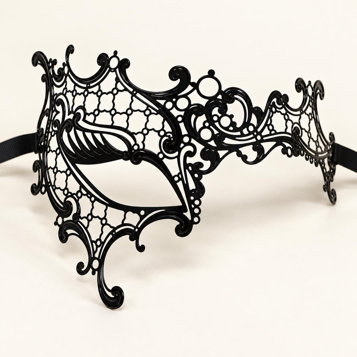 Black Asymmetrical Cutout Masquerade Mask for Women, Detailed Venetian Eye Mask with Ribbon Ties - product photo