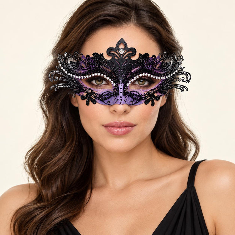 Black and Purple Rhinestone Masquerade Mask for Women, Detailed Cutout Venetian Eye Mask - main image