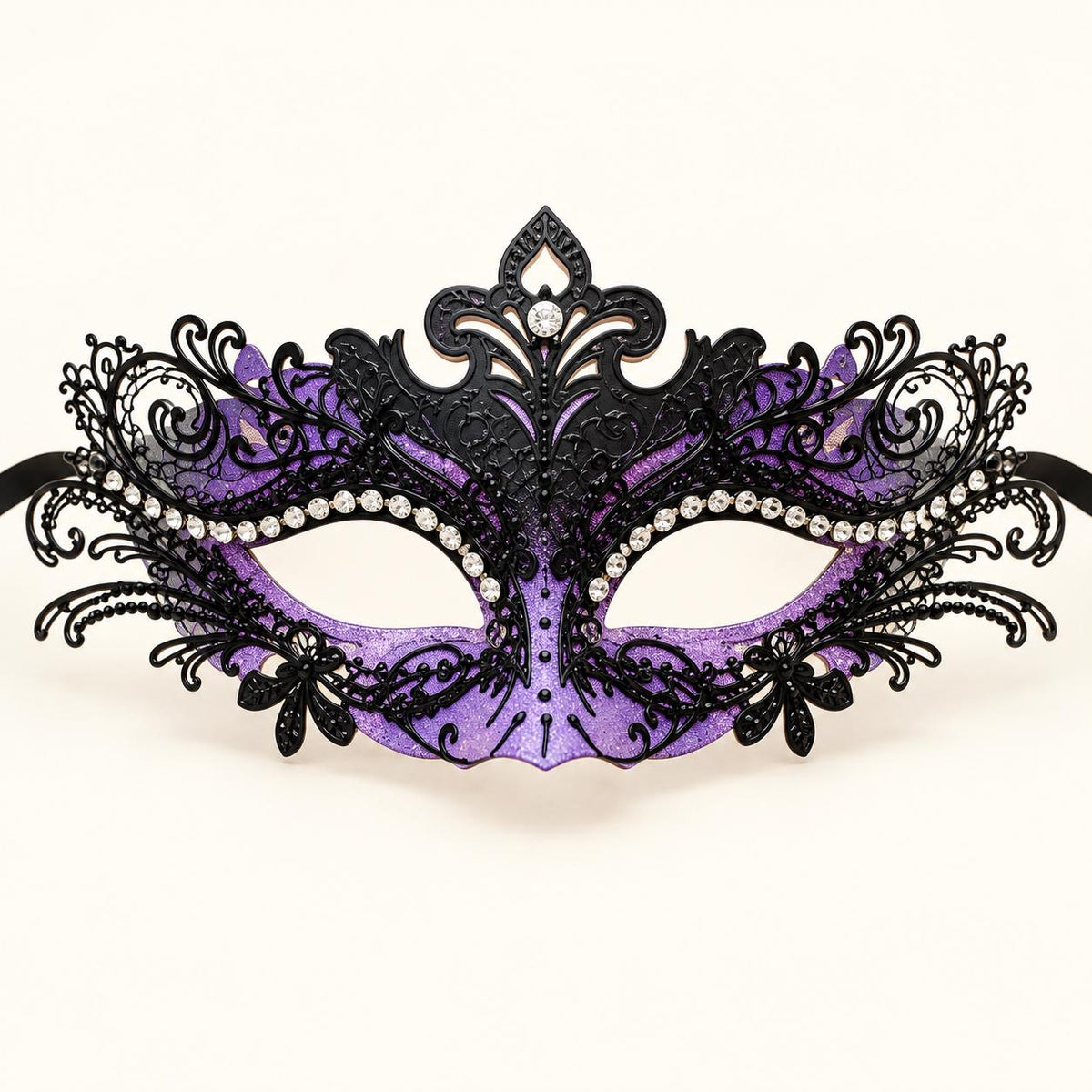 Black and Purple Rhinestone Masquerade Mask for Women, Detailed Cutout Venetian Eye Mask - product photo