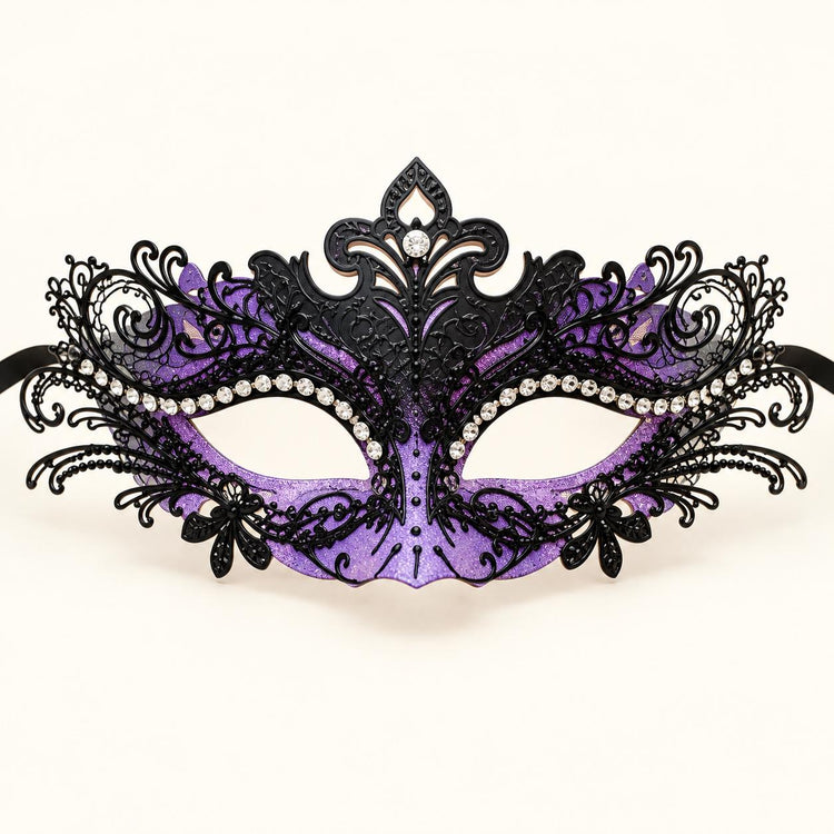 Black and Purple Rhinestone Masquerade Mask for Women, Detailed Cutout Venetian Eye Mask - product photo