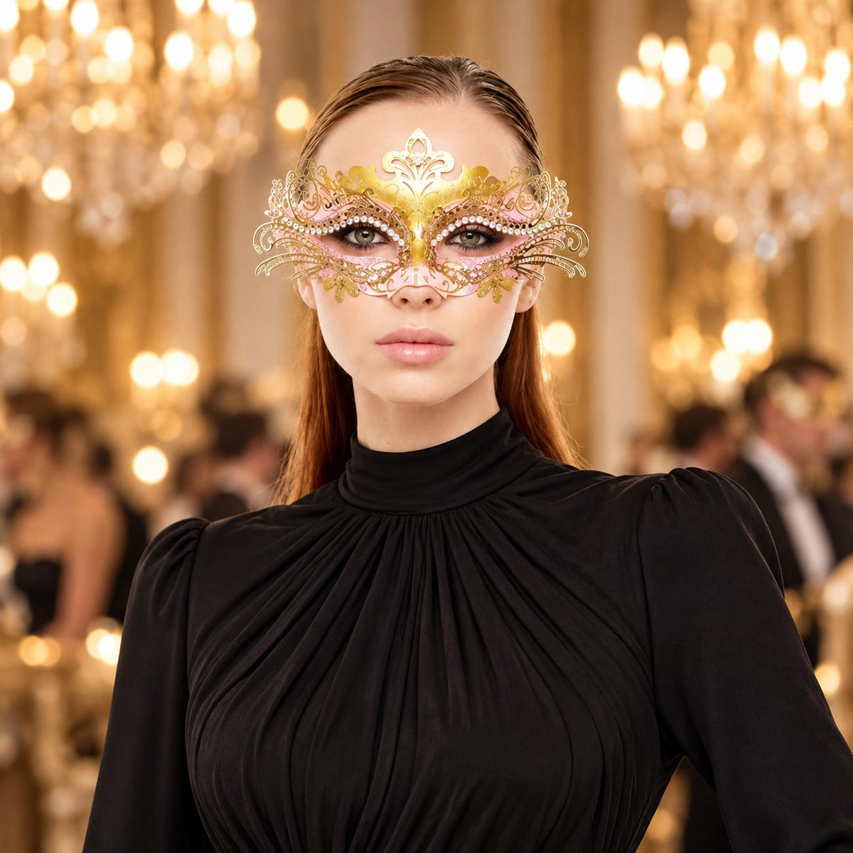Gold and Pink Rhinestone Masquerade Mask for Women, Detailed Cutout Venetian Eye Mask - product photo