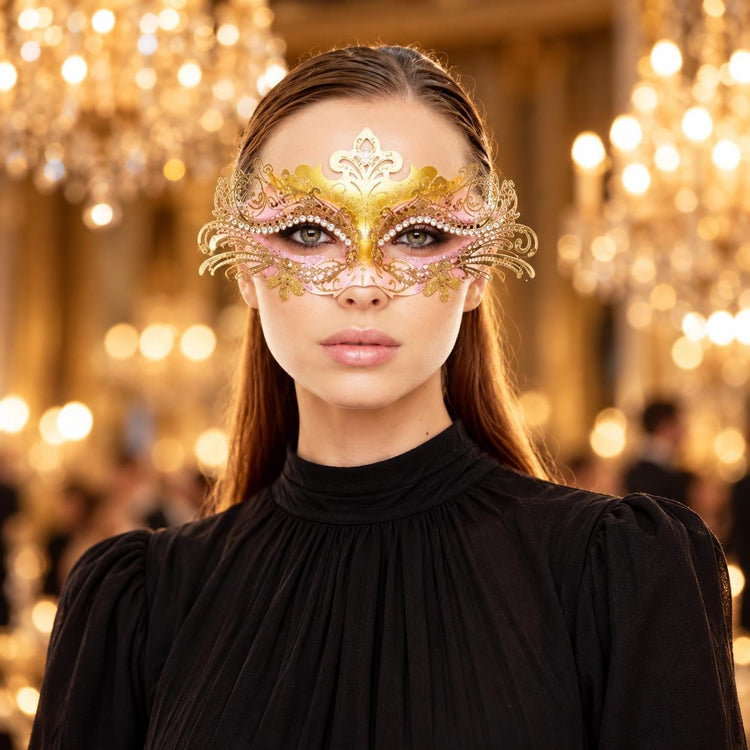 Gold and Pink Rhinestone Masquerade Mask for Women, Detailed Cutout Venetian Eye Mask - product photo