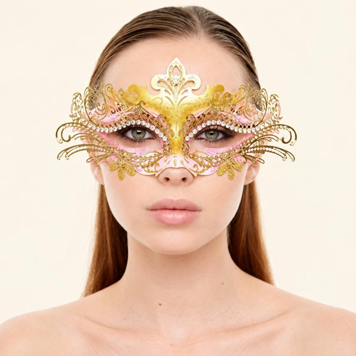 Gold and Pink Rhinestone Masquerade Mask for Women, Detailed Cutout Venetian Eye Mask - product photo