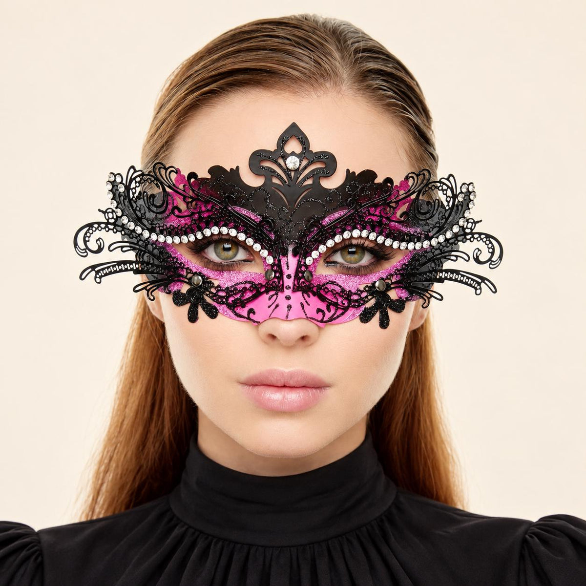 Black and Pink Rhinestone Masquerade Mask for Women, Detailed Cutout Venetian Eye Mask - main image