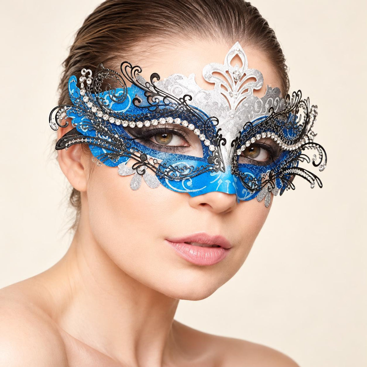 Silver and Blue Rhinestone Masquerade Mask for Women, Detailed Cutout Venetian Eye Mask - product photo