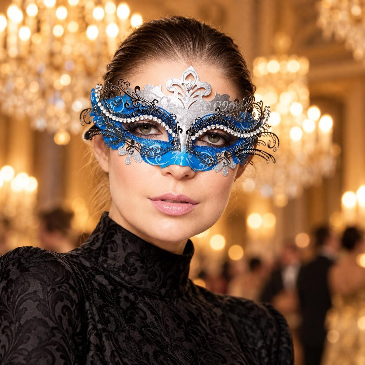 Silver and Blue Rhinestone Masquerade Mask for Women, Detailed Cutout Venetian Eye Mask - product photo