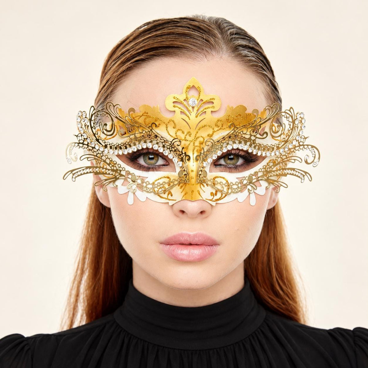 Gold Rhinestone Masquerade Mask for Women, Detailed Cutout Venetian Eye Mask - main image