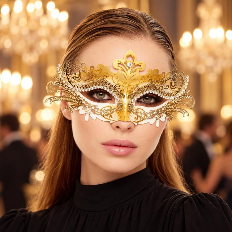 Gold Rhinestone Masquerade Mask for Women, Detailed Cutout Venetian Eye Mask - product photo