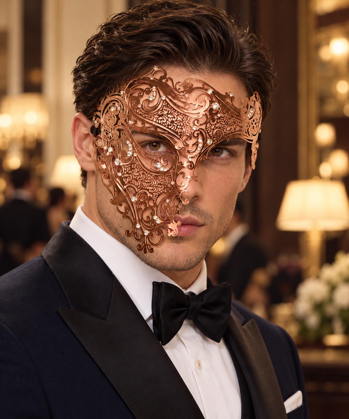 Rose Gold Masquerade Mask with Clear Rhinestones for Men, Side Design Costume Party Mask - product photo