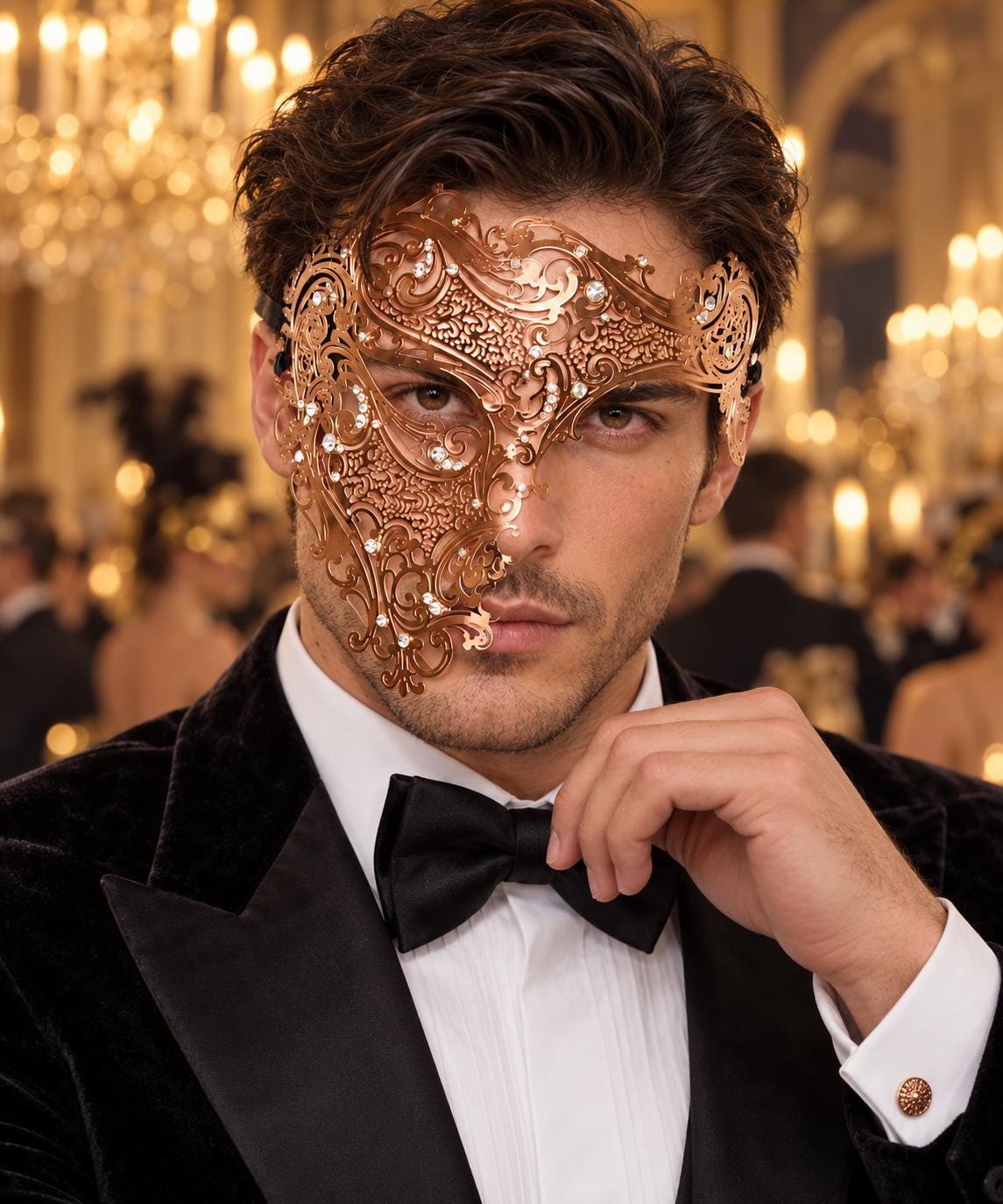Rose Gold Masquerade Mask with Clear Rhinestones for Men, Side Design Costume Party Mask - main image