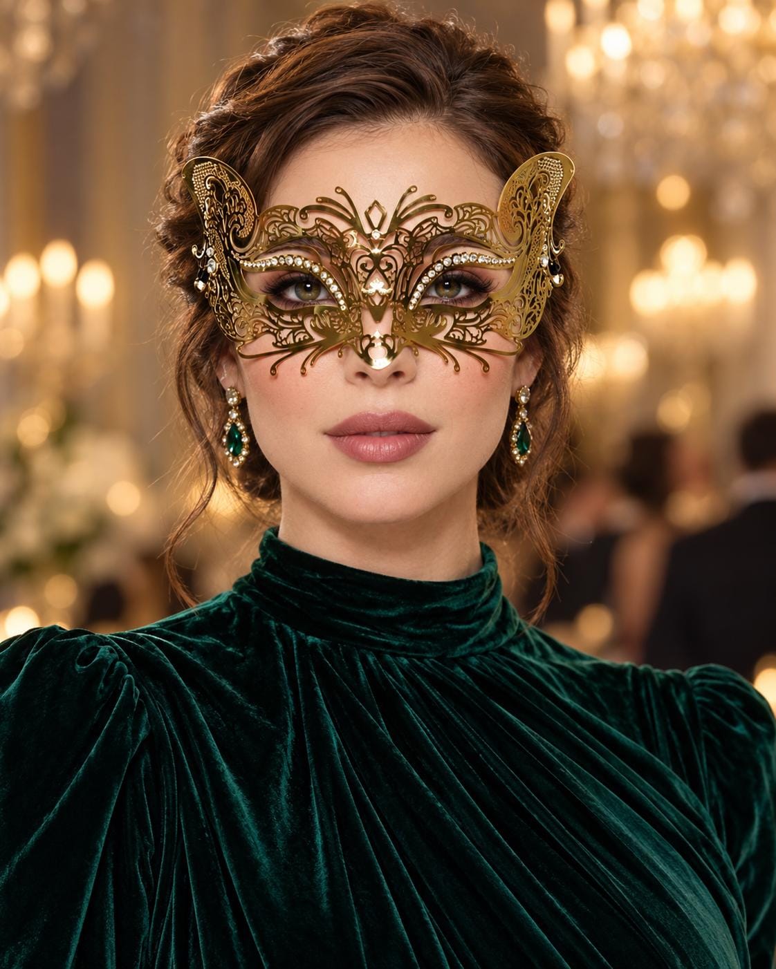 Gold Cutout Masquerade Mask for Women, Detailed Venetian Eye Mask with Clear Rhinestones - product photo