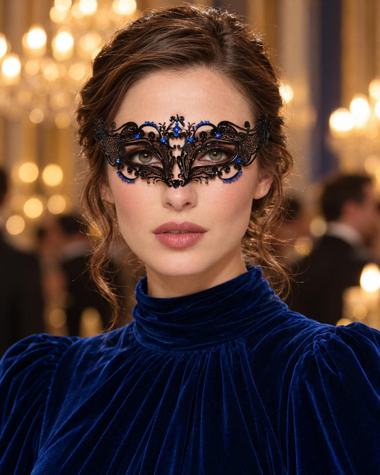 Black and Blue Masquerade Mask for Women, Detailed Cutout Venetian Eye Mask - product photo