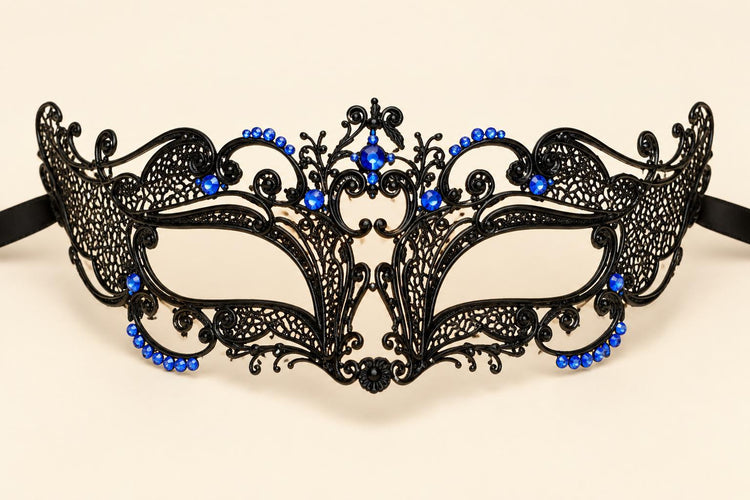 Black and Blue Masquerade Mask for Women, Detailed Cutout Venetian Eye Mask - product photo