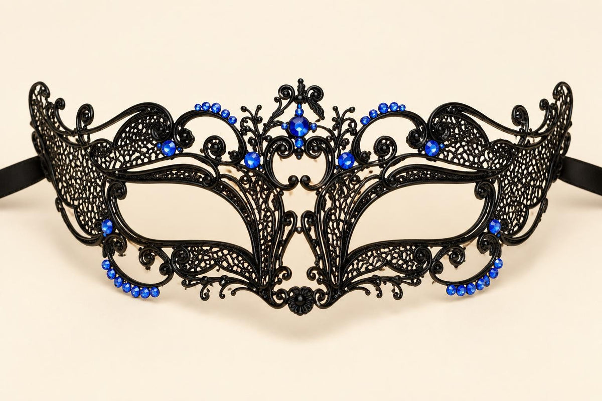 Black and Blue Masquerade Mask for Women, Ornate Filigree Venetian Eye Mask - image 5