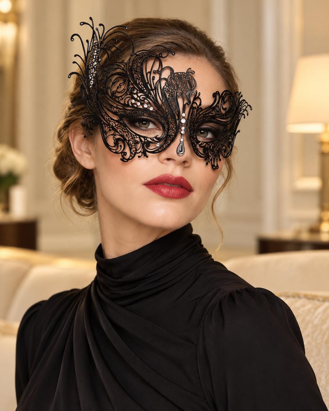 Black Swan Masquerade Mask with Clear Teardrop Stone for Women, Side Design Party Mask - product photo