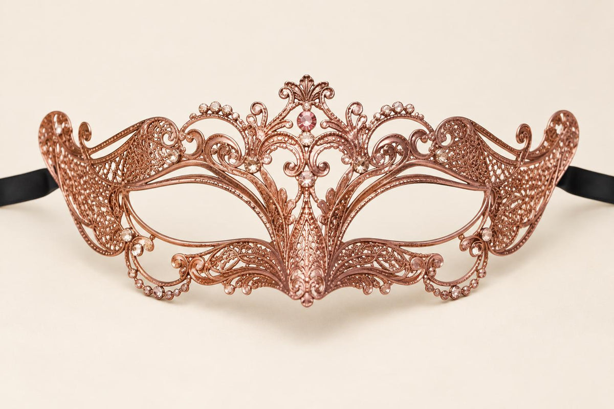 Rose Gold Masquerade Mask for Women, Curved Cutout Eye Mask for Prom and Parties - product photo