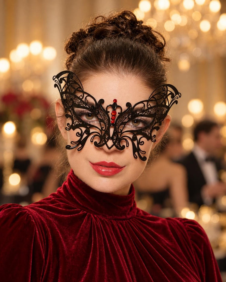 Black Butterfly Masquerade Mask with Red Rhinestones for Women, Party Eye Mask for Prom - product photo