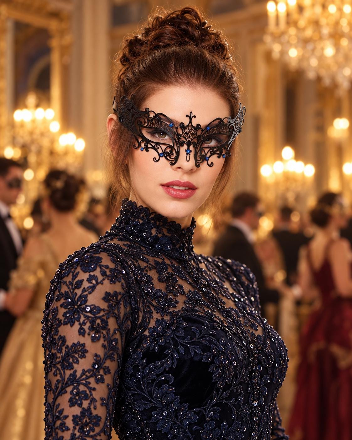 Black Masquerade Mask with Blue Rhinestones for Women, Crown Design Party Eye Mask - product photo