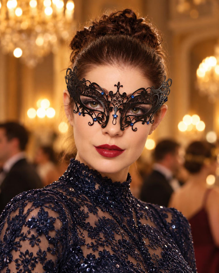 Black Masquerade Mask with Blue Rhinestones for Women, Crown Design Party Eye Mask - main image
