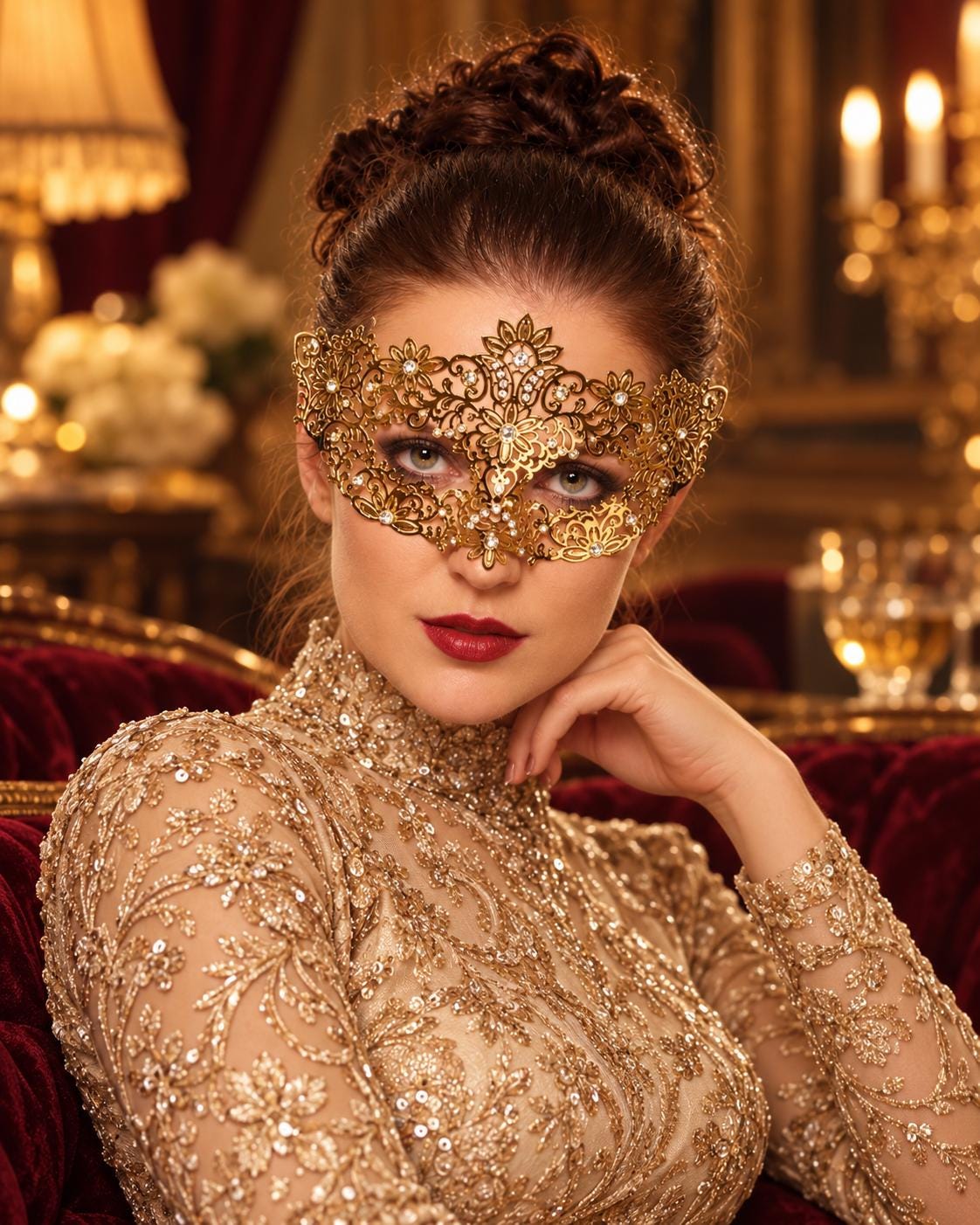 Gold Flower Masquerade Mask with Clear Stones for Women, Party Eye Mask for Prom - product photo