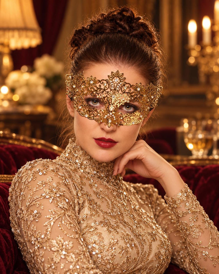 Gold Flower Masquerade Mask with Clear Stones for Women, Party Eye Mask for Prom - product photo