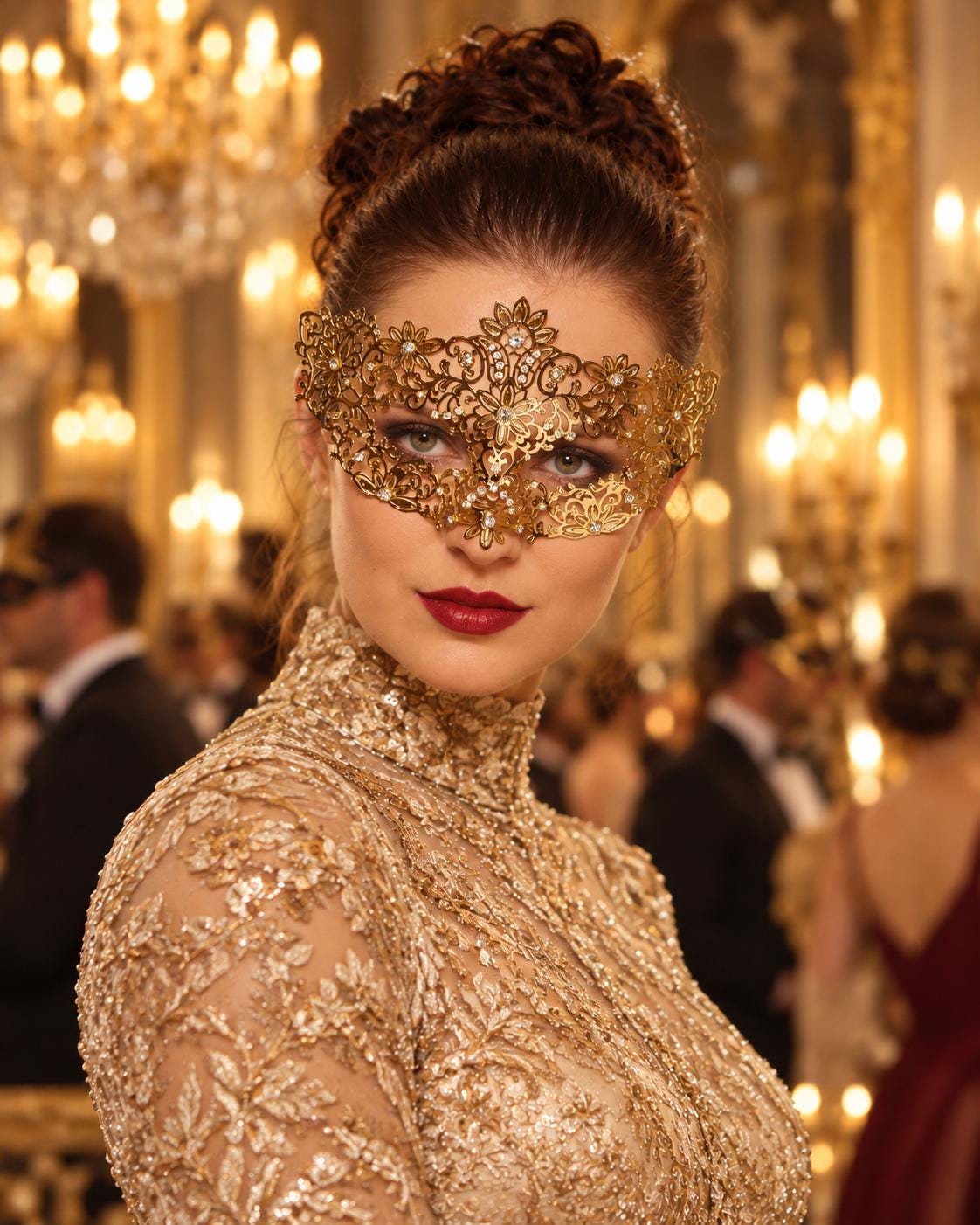 Gold Flower Masquerade Mask with Clear Stones for Women, Party Eye Mask for Prom - product photo