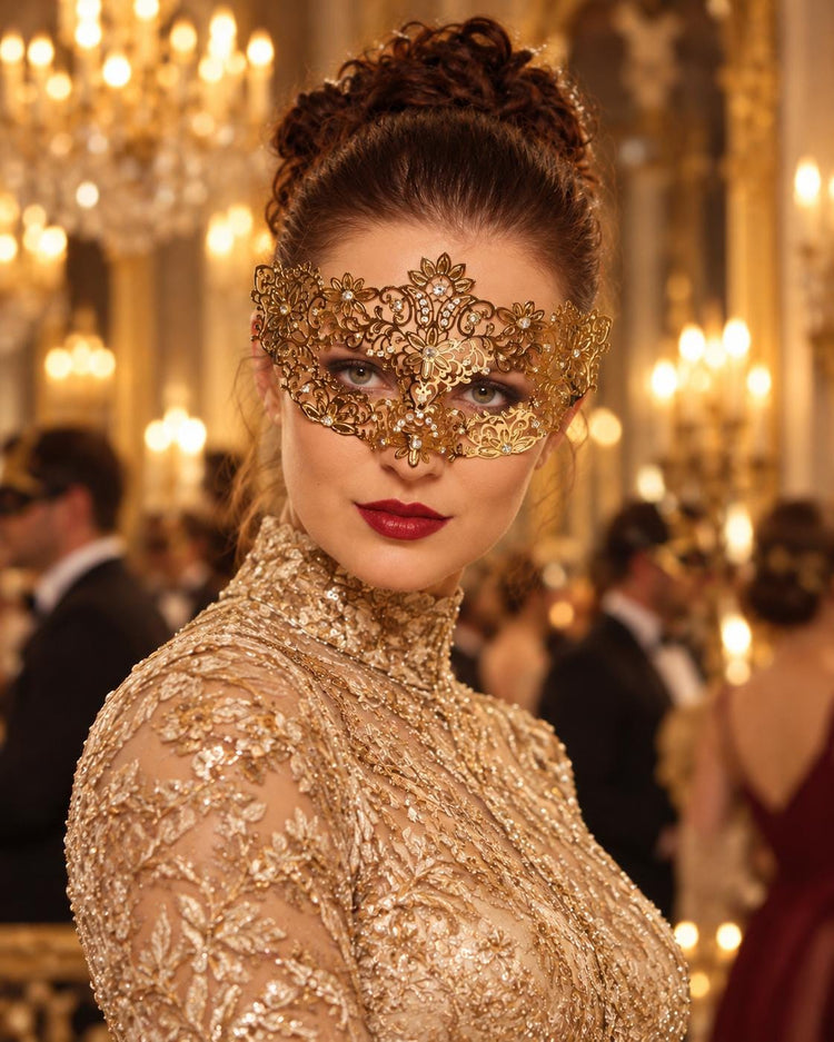 Gold Flower Masquerade Mask with Clear Stones for Women, Party Eye Mask for Prom - product photo