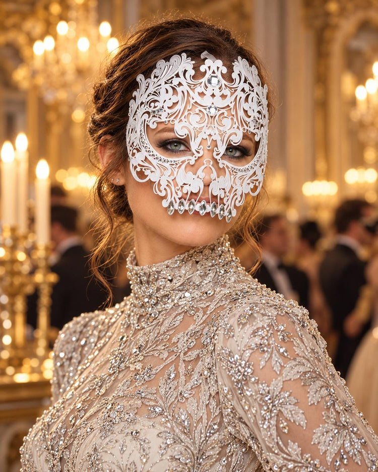 White Skull Masquerade Mask with Clear Crystals for Women, Full Face Halloween Costume Mask - product photo