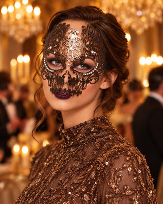 Antique Bronze Skull Masquerade Mask with Clear Rhinestones for Women, Full Face Costume Mask - main image