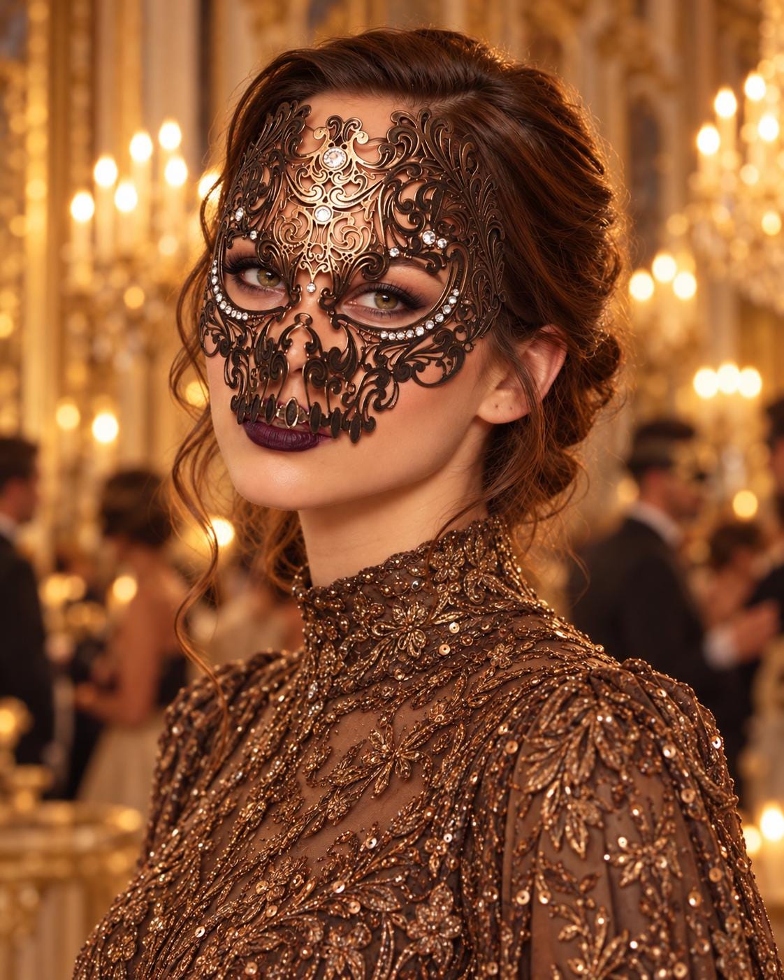 Antique Bronze Skull Masquerade Mask with Clear Rhinestones for Women, Full Face Costume Mask - product photo