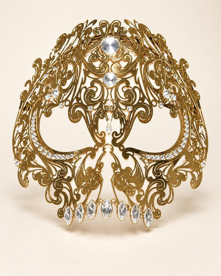 Gold Skull Masquerade Mask with Clear Crystals for Women, Full Face Halloween Costume Mask - product photo