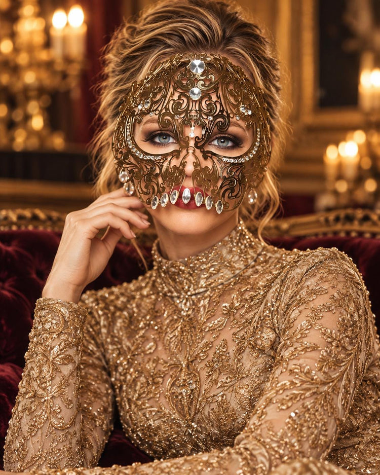 Gold Skull Masquerade Mask with Clear Crystals for Women, Full Face Halloween Costume Mask - product photo