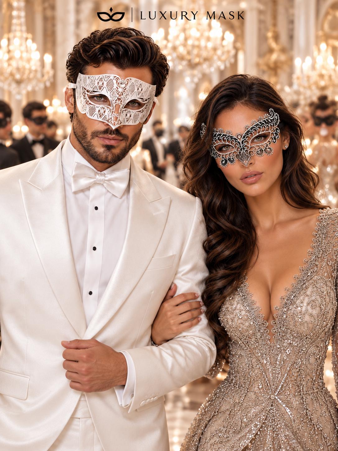 White Diamond Metal Mask for Men & Silver Black Lace Mask for Women - Clear Stone Venetian His and Hers Masquerade Set - product photo