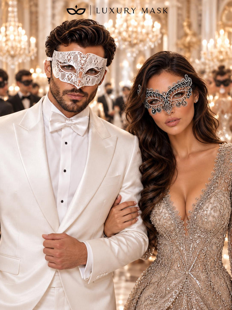 White Diamond Metal Mask for Men & Silver Black Lace Mask for Women - Clear Stone Venetian His and Hers Masquerade Set - product photo