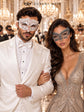 White Diamond Metal Mask for Men & Silver Black Lace Mask for Women - Clear Stone Venetian His and Hers Masquerade Set - product photo