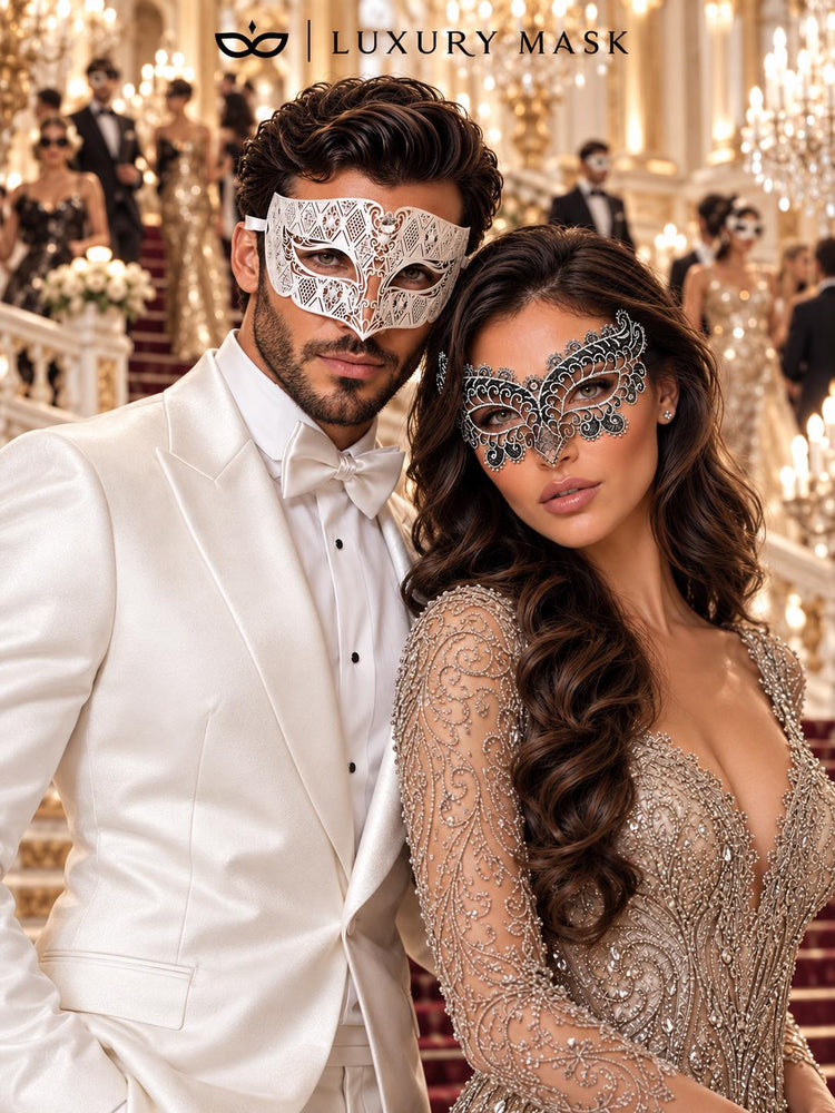 White Diamond Metal Mask for Men & Silver Black Lace Mask for Women - Clear Stone Venetian His and Hers Masquerade Set - product photo