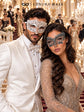 White Diamond Metal Mask for Men & Silver Black Lace Mask for Women - Clear Stone Venetian His and Hers Masquerade Set - product photo