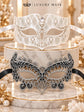 White Diamond Metal Mask for Men & Silver Black Lace Mask for Women - Clear Stone Venetian His and Hers Masquerade Set - product photo