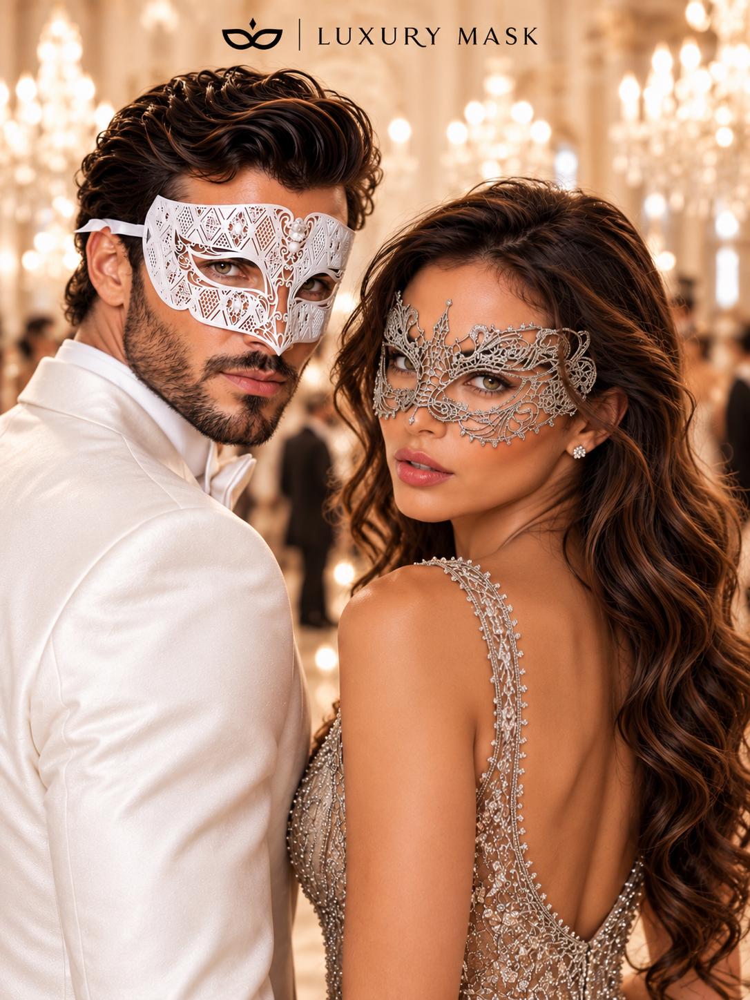White Clear Stone Venetian Mask for Men & Silver Lace Mask for Women - Diamond Laser Cut Metal His and Hers Masquerade Set - product photo