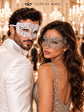 White Clear Stone Venetian Mask for Men & Silver Lace Mask for Women - Diamond Laser Cut Metal His and Hers Masquerade Set - product photo