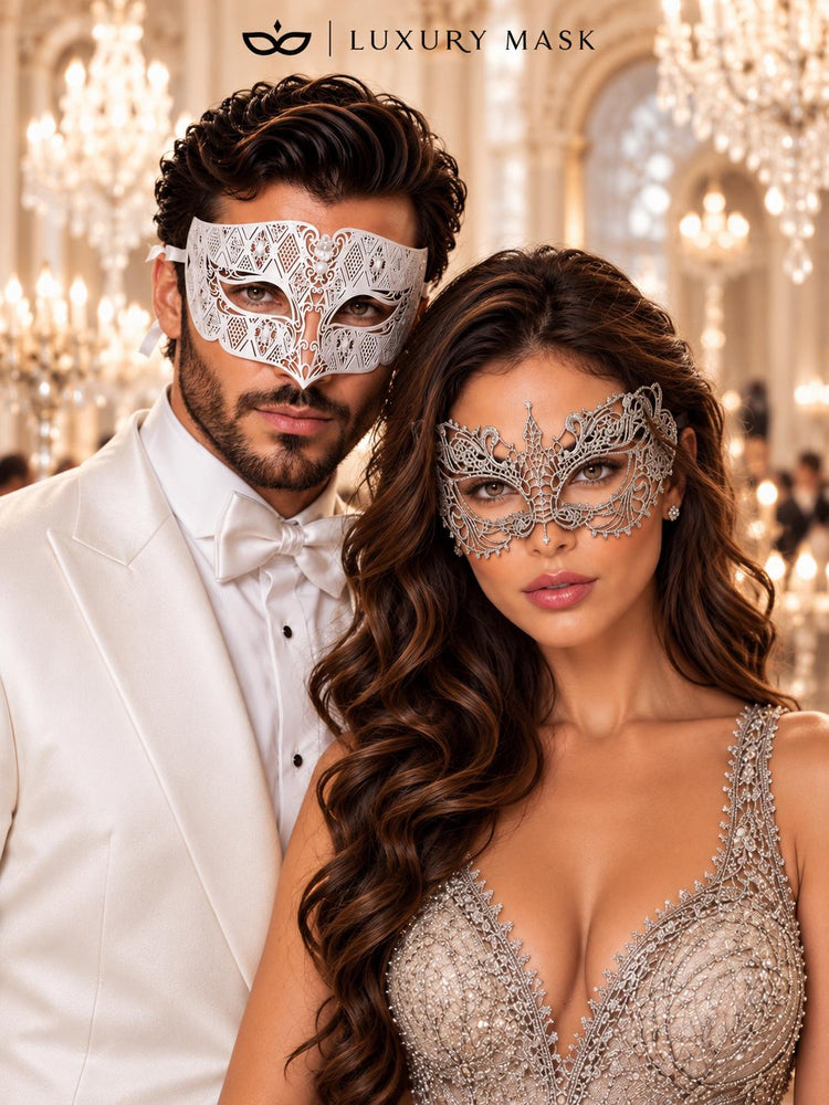 White Clear Stone Venetian Mask for Men & Silver Lace Mask for Women - Diamond Laser Cut Metal His and Hers Masquerade Set - product photo