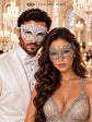 White Clear Stone Venetian Mask for Men & Silver Lace Mask for Women - Diamond Laser Cut Metal His and Hers Masquerade Set - product photo
