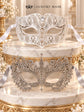 White Clear Stone Venetian Mask for Men & Silver Lace Mask for Women - Diamond Laser Cut Metal His and Hers Masquerade Set - product photo