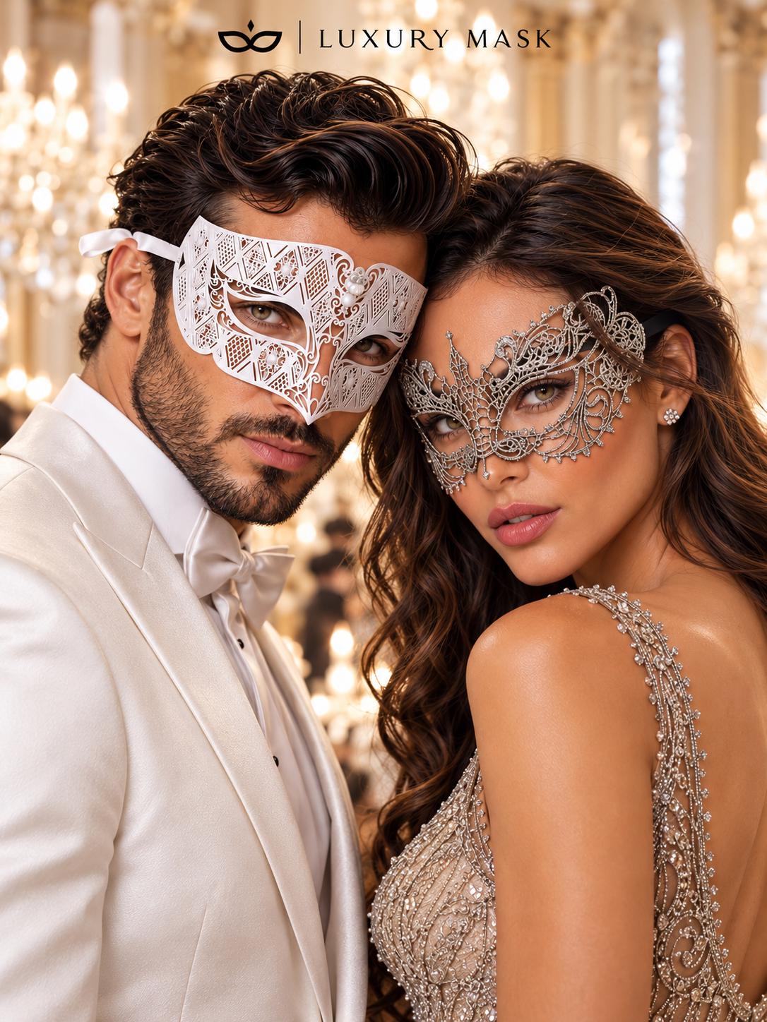 White Clear Stone Venetian Mask for Men & Silver Lace Mask for Women - Diamond Laser Cut Metal His and Hers Masquerade Set - product photo