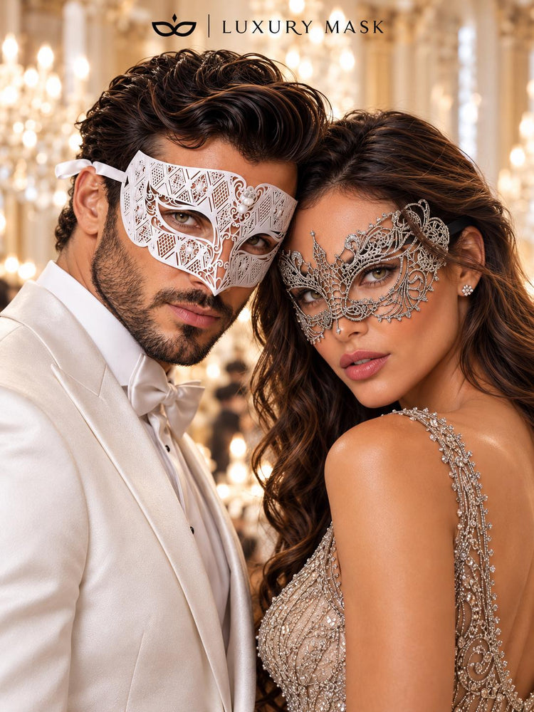 White Clear Stone Venetian Mask for Men & Silver Lace Mask for Women - Diamond Laser Cut Metal His and Hers Masquerade Set - product photo