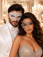 Silver Phantom Lace Mask for Women & White Diamond Metal Mask for Men - Clear Stone Venetian Couples Masquerade Set - product photo