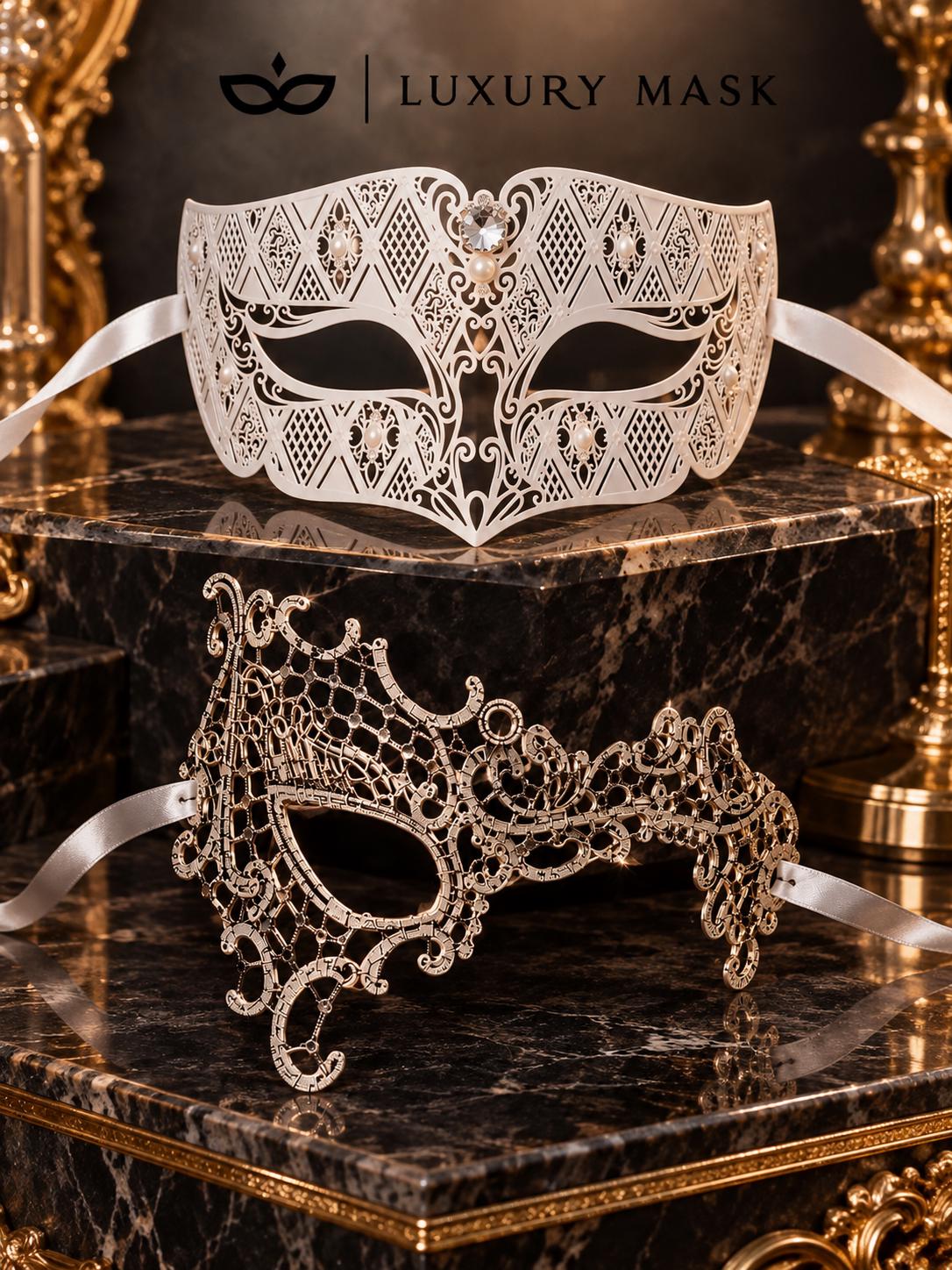 Silver Phantom Lace Mask for Women & White Diamond Metal Mask for Men - Clear Stone Venetian Couples Masquerade Set - product photo